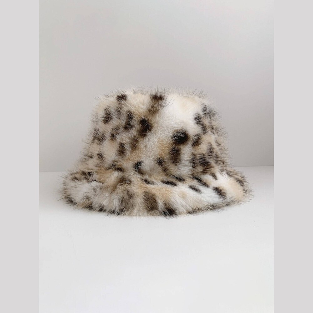 Cream Leopard Print Faux Fur Bucket Hat